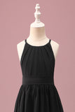 Black Round Neck A Line High Low Junior Bridesmaid Dress with Belt