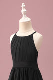 Black Round Neck A Line High Low Junior Bridesmaid Dress with Belt