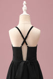 Black Round Neck A Line High Low Junior Bridesmaid Dress with Belt