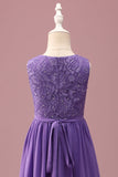 Purple Lace A Line Round Neck Short Junior Bridesmaid Dress with Rhinestone Belt