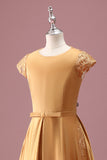 Golden Round Neck Chiffon A Line Short Sleeves Junior Bridesmaid Dress