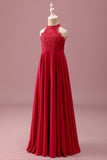 Lace Halter Red A Line Chiffon Ruched Junior Bridesmaid Dress