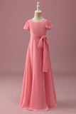 Coral Chiffon Short Sleeves A Line Junior Bridesmaid Dress with Bowknot