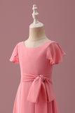 Coral Chiffon Short Sleeves A Line Junior Bridesmaid Dress with Bowknot