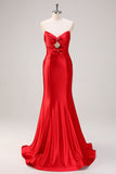 Red Mermaid Strapless Cut Out Ruched Long Formal Dress with Bows