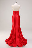 Red Mermaid Strapless Cut Out Ruched Long Formal Dress with Bows