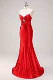 Red Mermaid Strapless Cut Out Ruched Long Formal Dress with Bows