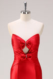 Red Mermaid Strapless Cut Out Ruched Long Formal Dress with Bows