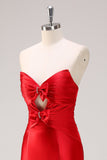 Red Mermaid Strapless Cut Out Ruched Long Formal Dress with Bows