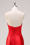 Red Mermaid Strapless Cut Out Ruched Long Formal Dress with Bows