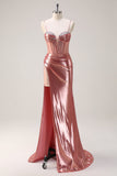 Blush Spaghetti Straps Mermaid Metallic Long Corset Formal Dress with Slit