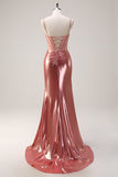 Blush Spaghetti Straps Mermaid Metallic Long Corset Formal Dress with Slit