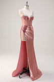 Blush Spaghetti Straps Mermaid Metallic Long Corset Formal Dress with Slit