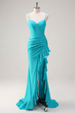 Blue Spaghetti Straps Mermaid Beaded Long Corset Formal Dress with Ruffle Slit