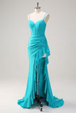 Blue Spaghetti Straps Mermaid Beaded Long Corset Formal Dress with Ruffle Slit