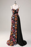 Sparkly Black Floral Mermaid Watteau Train Sequins Long Corset Formal Dress with Slit