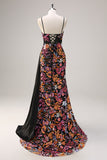 Sparkly Black Floral Mermaid Watteau Train Sequins Long Corset Formal Dress with Slit