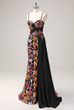 Sparkly Black Floral Mermaid Watteau Train Sequins Long Corset Formal Dress with Slit