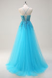 Sparkly Blue Spaghetti Straps Sequin Long Formal Dress with Side Cape