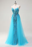 Sparkly Blue Spaghetti Straps Sequin Long Formal Dress with Side Cape