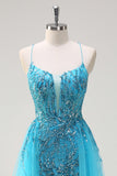 Sparkly Blue Spaghetti Straps Sequin Long Formal Dress with Side Cape