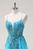 Sparkly Blue Spaghetti Straps Sequin Long Formal Dress with Side Cape