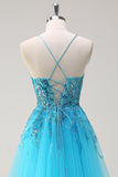 Sparkly Blue Spaghetti Straps Sequin Long Formal Dress with Side Cape