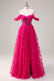 Fuchsia Tiered A-Line Off the Shoulder Long Corset Formal Dress with Beading