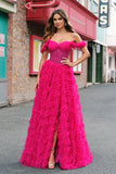 Fuchsia Tiered A-Line Off the Shoulder Long Corset Formal Dress with Beading