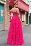 Fuchsia Tiered A-Line Off the Shoulder Long Corset Formal Dress with Beading