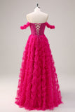 Fuchsia Tiered A-Line Off the Shoulder Long Corset Formal Dress with Beading