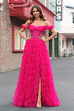 Fuchsia Tiered A-Line Off the Shoulder Long Corset Formal Dress with Beading