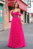 Fuchsia Tiered A-Line Off the Shoulder Long Corset Formal Dress with Beading