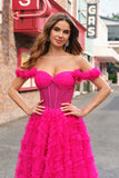 Fuchsia Tiered A-Line Off the Shoulder Long Corset Formal Dress with Beading