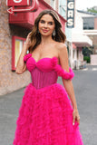 Fuchsia Tiered A-Line Off the Shoulder Long Corset Formal Dress with Beading