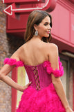 Fuchsia Tiered A-Line Off the Shoulder Long Corset Formal Dress with Beading