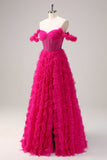 Fuchsia A-Line Tiered Off the Shoulder Long Corset Formal Dress with Beading