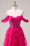 Fuchsia A-Line Tiered Off the Shoulder Long Corset Formal Dress with Beading