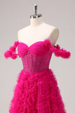 Fuchsia A-Line Tiered Off the Shoulder Long Corset Formal Dress with Beading