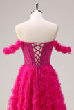 Fuchsia A-Line Tiered Off the Shoulder Long Corset Formal Dress with Beading