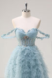 Dusty Blue Princess Off the Shoulder Sheer Corset Long Formal Dress with Ruffles