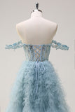 Dusty Blue Princess Off the Shoulder Sheer Corset Long Formal Dress with Ruffles