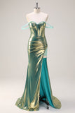 Green Off the Shoulder Mermaid Metallic Long Corset Formal Dress with Slit