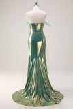 Green Off the Shoulder Mermaid Metallic Long Corset Formal Dress with Slit