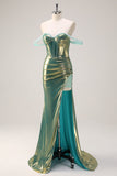 Green Off the Shoulder Mermaid Metallic Long Corset Formal Dress with Slit