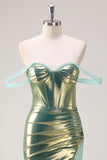 Green Off the Shoulder Mermaid Metallic Long Corset Formal Dress with Slit