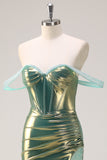 Green Off the Shoulder Mermaid Metallic Long Corset Formal Dress with Slit