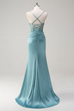 Sparkly Blue Mermaid Corset Formal Dress with Slit