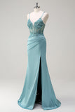 Sparkly Blue Mermaid Corset Formal Dress with Slit