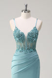 Sparkly Blue Mermaid Corset Formal Dress with Slit